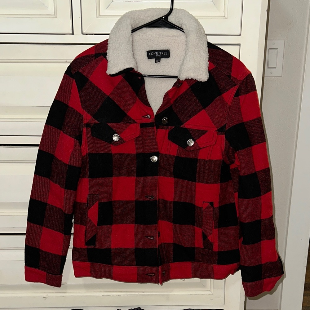 Love Tree Red and Black Checkered Jacket with White Sherpa Collar